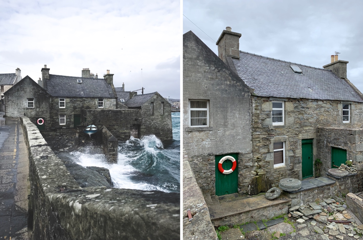 Image of a stone building, with iconic green door showing a famous location from a the popular TV series Shetland.