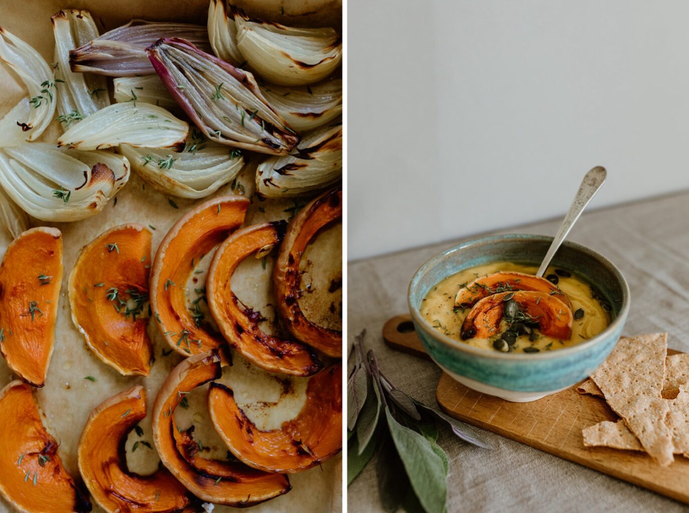 A baking tray with fresh seasonal vegetables, including pumpkin