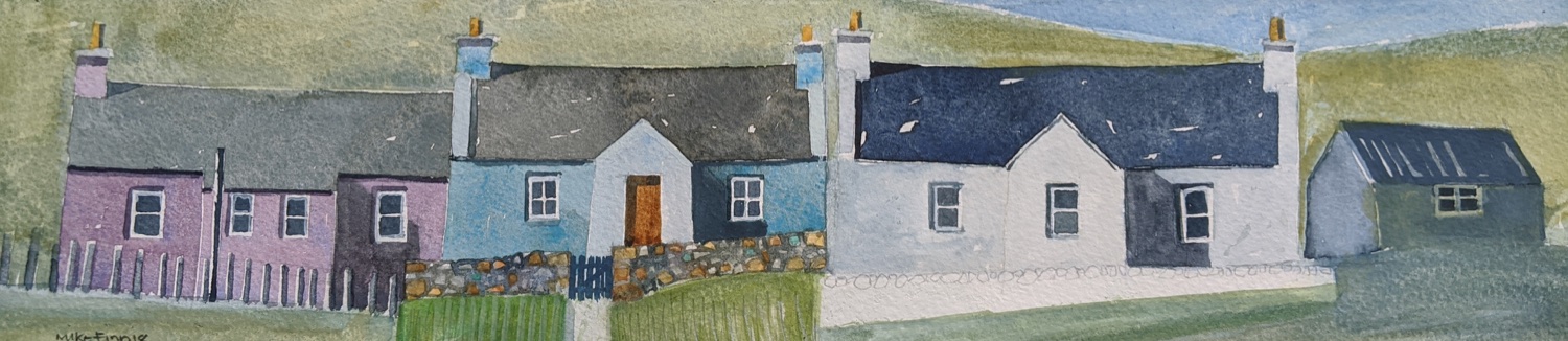 Watercolour painting by Mike Finnie (Red Houss Shetland) of a croft House