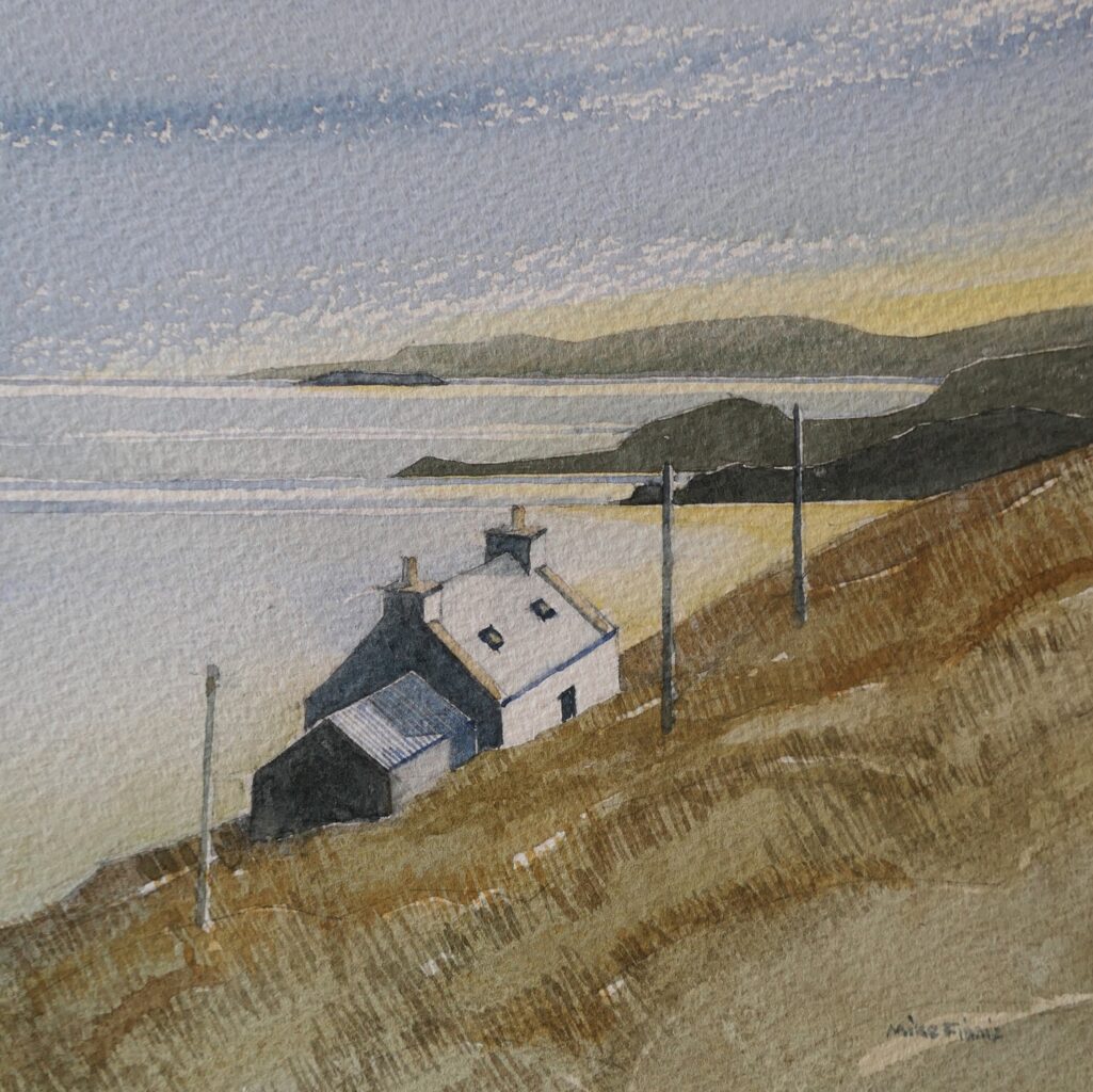 Watercolour painting by Mike Finnie (Red Houss Shetland) of a croft House