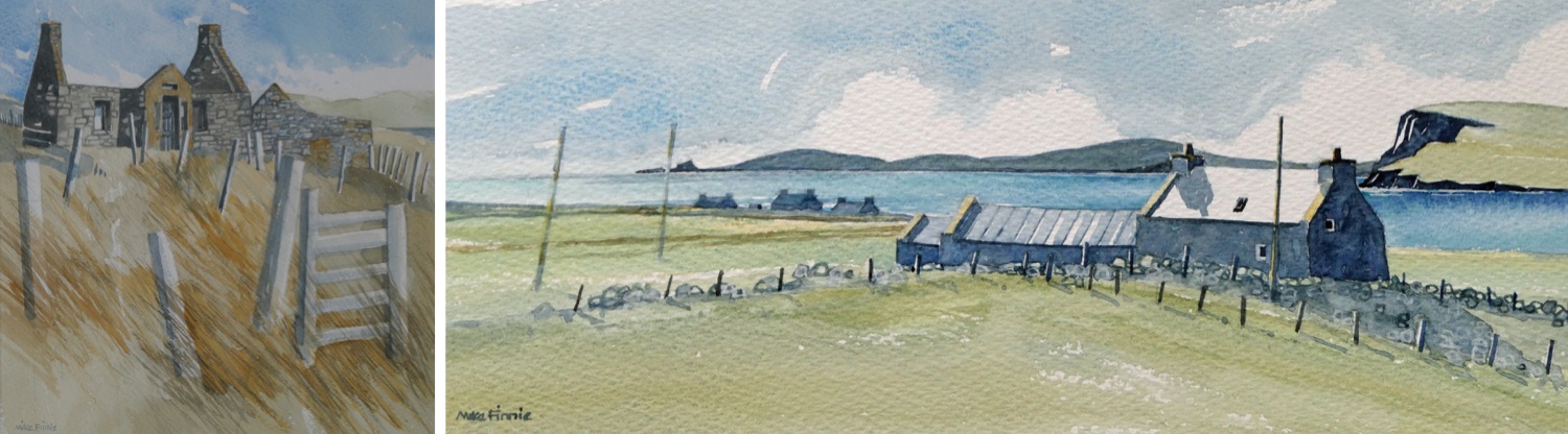 Watercolour painting by Mike Finnie (Red Houss Shetland) of a croft House