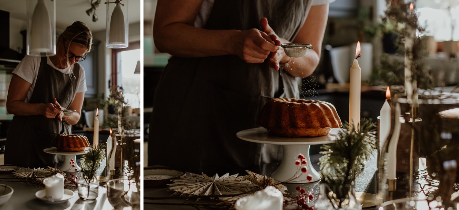 Woman decorating a Bundt Cake which is a delicious Christmas Recipe