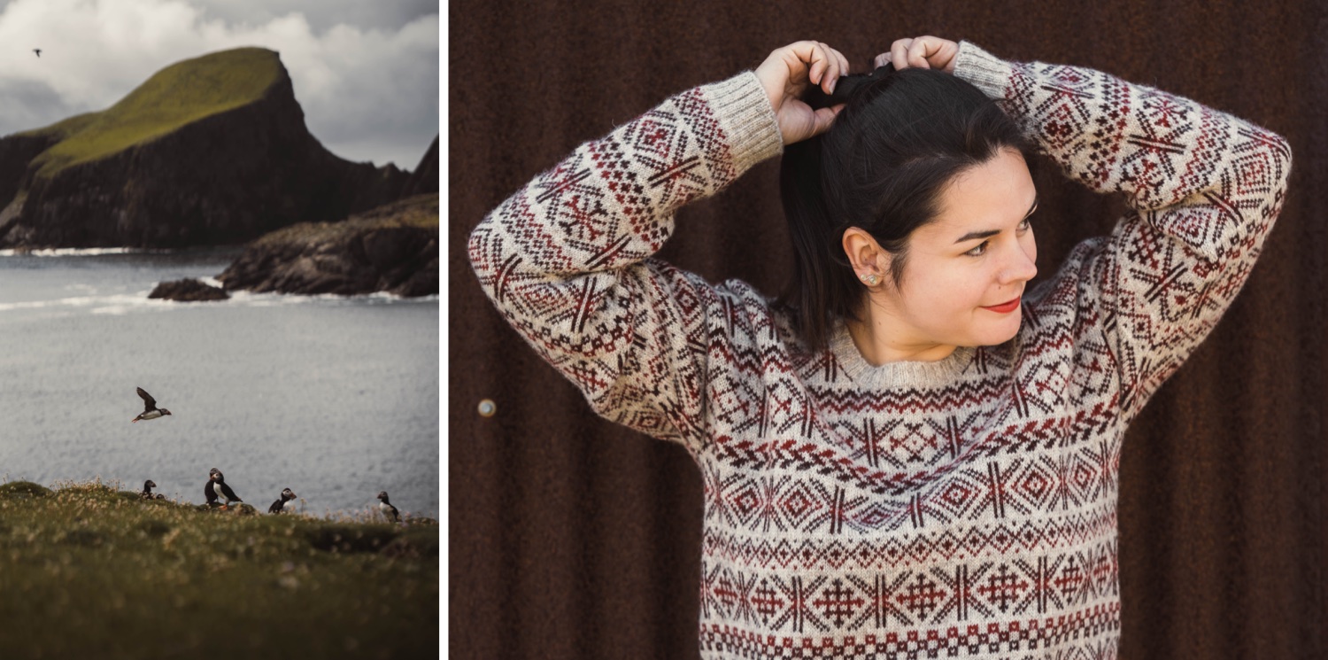 A woman wearing a Fair Isle Knitwear jumper in with red and blue yarn. The image next to it is of Puffins standing on a cliff in Shetland. 