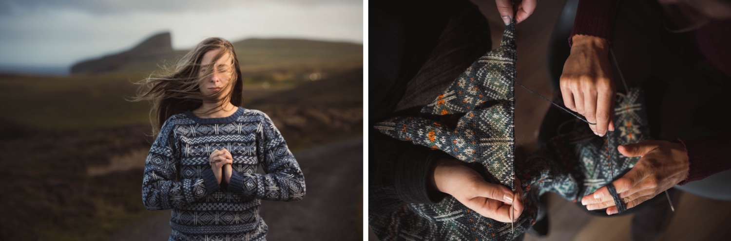 A woman clasping her hands together wearing Fair Isle knitwear. The next image is of two pairs of hands knitting.