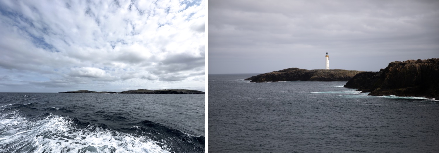 Choppy blue waters and an image of a lighthouse in the distance as you approach Out Skerries, Shetland.