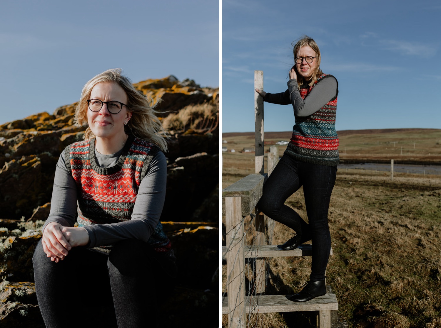 A woman climbing over a fence as she looks directly towards the camera. She is wearing a Fair Isle Knitted Pull over. This is meant to create a sense of what it's like to live in Shetland