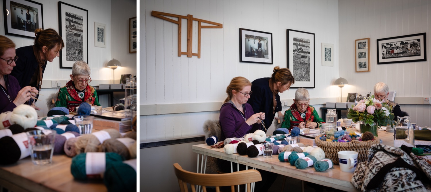 Woman teaching people how to knit during a Shetland Knitting Tour